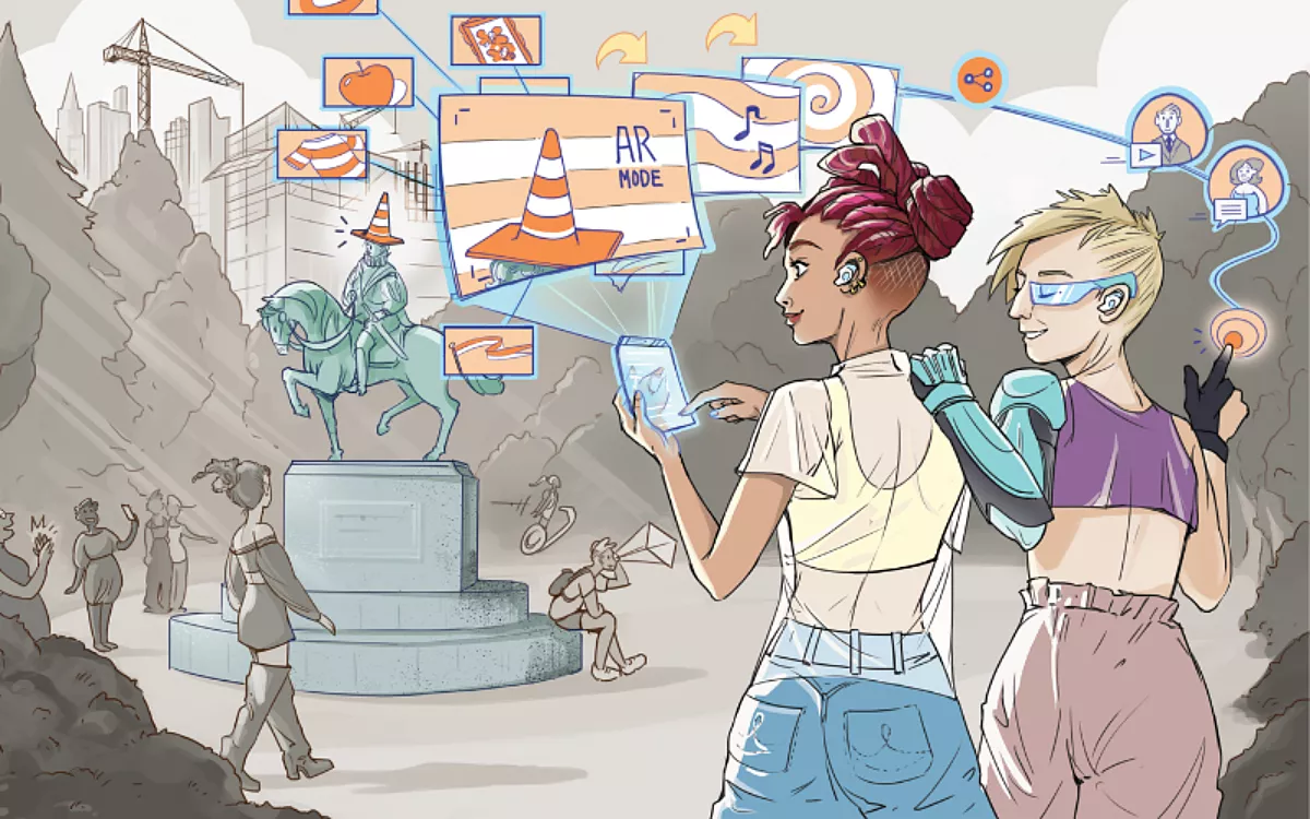 Geïllustreerd toekomstscenario van cultuurpubliek in een samenhangende en actieve samenleving. Gen Z is programmamaker en verbindt digitale technologieën met cultuur. In de illustratie maakt programmamaker Naomi gebruikt van AR, VR, smartphones en smartglasses om het cultuuraanbod te verrijken.