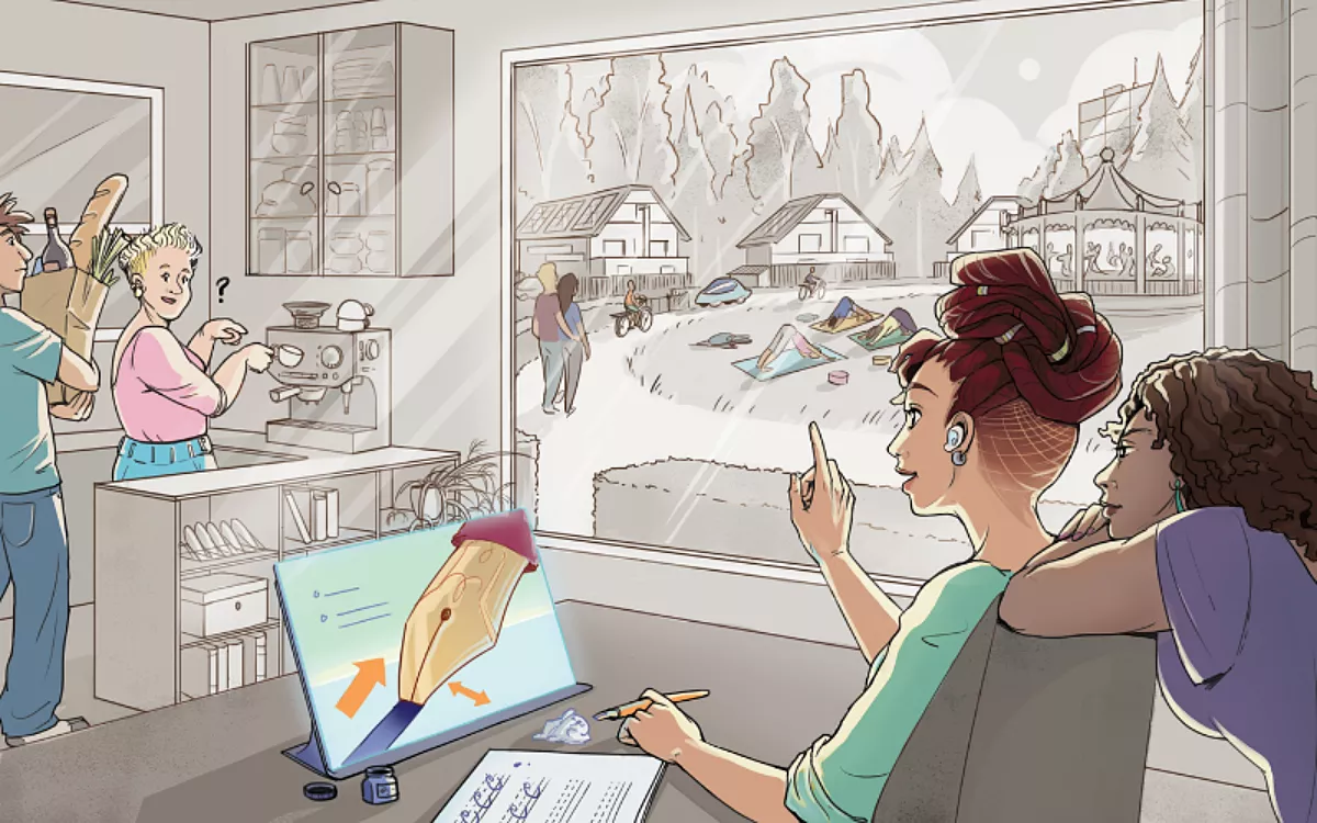 Geïllustreerd toekomstscenario van cultuurpubliek in een gefragmenteerde en passieve samenleving. Gen Z leeft in bubbels en zoeken cultureel aanbod dichtbij huis of online. In dit toekomstscenario volgt Naomi thuis een online cursus kalligraferen.