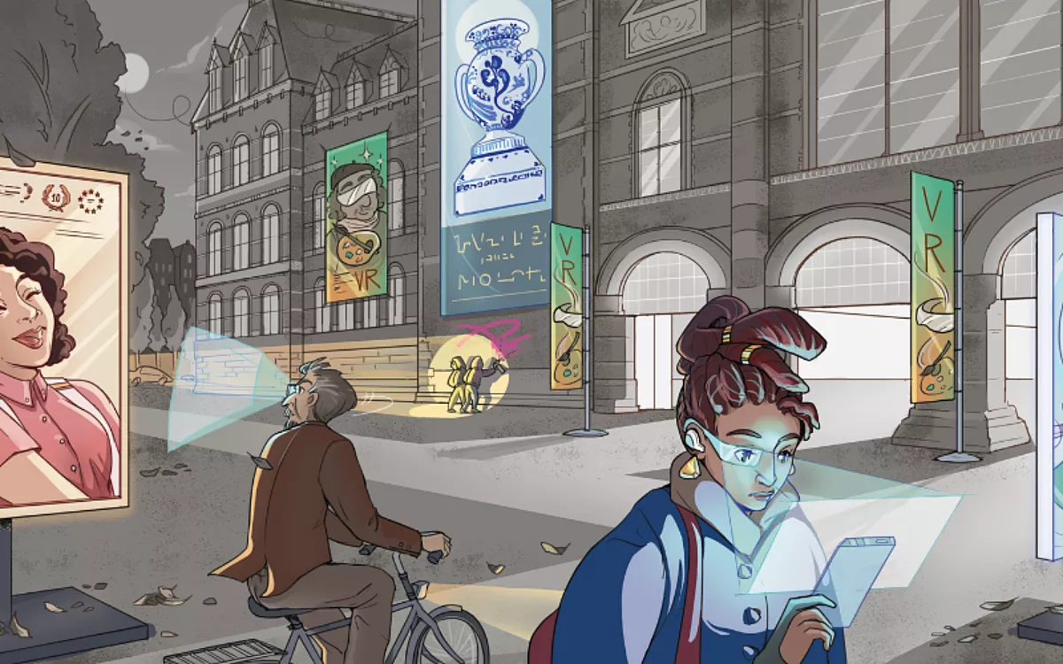 Geïllustreerd toekomstscenario van cultuurpubliek in een samenhangende en passieve samenleving. Gen Z is op het museumplein, Naomi ziet allerlei aanbod, maar vraagt zich af of zij wel thuishoort in de culturele locaties. Misschien volgt ze het aanbod liever online.