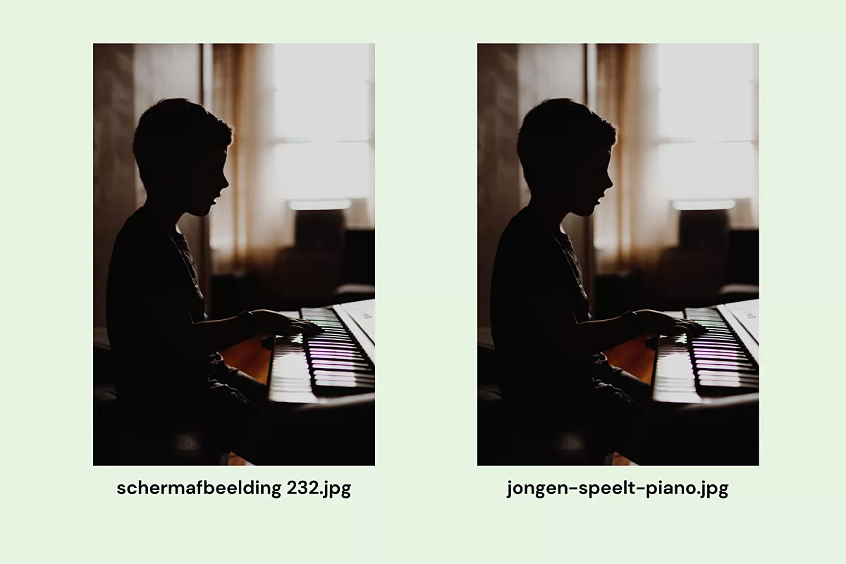 Het is beter om de afbeelding een naam te geven dat beschrijft wat er op de foto staat in plaats van ''schermafbeelding 232.jpg'' te gebruiken. In deze voorbeeld speelt een jongen de piano, bij deze past het om ''jongen-speelt-piano.jpg'' te gebruiken.