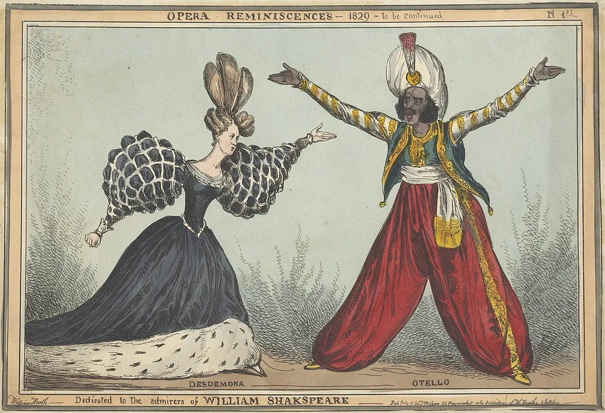 Opera Reminiscences: Desdemona and Otello. Plaat van een opera, waarin een man en een vrouw elkaar bezingen. De man staat met armen en benen wijd, de vrouw lijkt naar hem toe te lopen. Het bovenschrift is: opera reminisces, 1829 to be continued. En het onderschrift is: Dedicated to the admirers of William Shakespeare