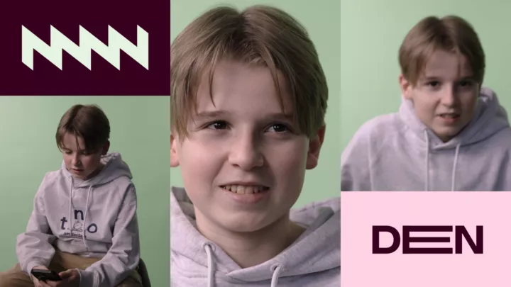 Collage van verschillende shots van Sebastian en een DEN logo.