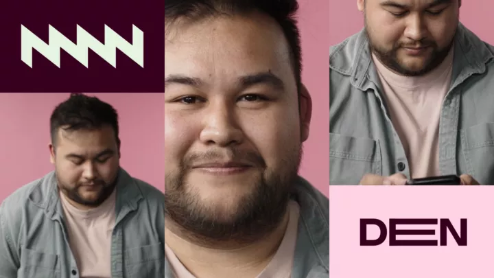 Collage met drie beelden van gamer Colin en een DEN logo