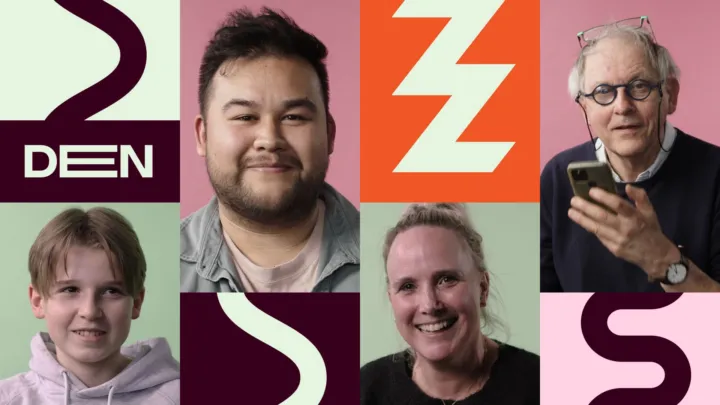 Collage van het publiek van de toekomst: een gen z'er, een gamer, een expat en een slechtziende. Afgewisseld met DEN logo en stijlkenmerken.
