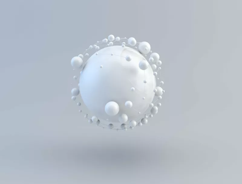 Floating white orb with a network of smaller orbs of various sizes around it. It looks like the earth and how we're all connected. The digital contributes to how we network.